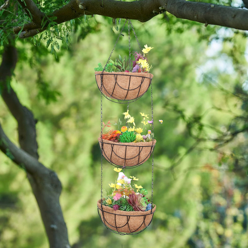 Coșuri agățate din sârmă metalică Sârmă metalică pentru plante cu trei straturi de căptușeală din nucă de coco Coșuri de udat de grădină pentru terasă, grădină în aer liber