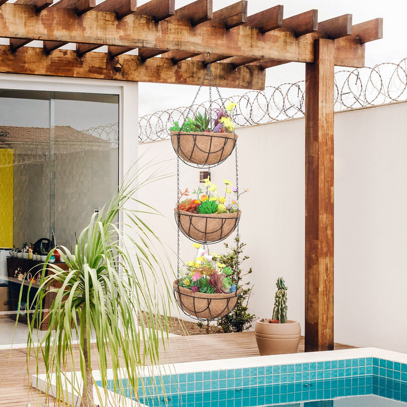 Coșuri agățate din sârmă metalică Sârmă metalică pentru plante cu trei straturi de căptușeală din nucă de coco Coșuri de udat de grădină pentru terasă, grădină în aer liber