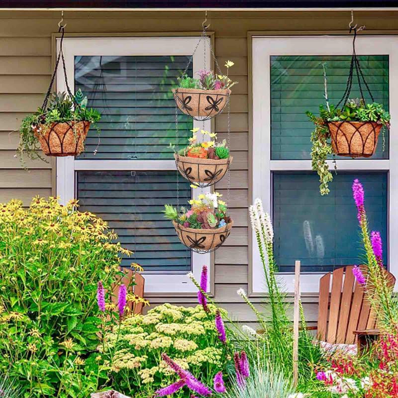 Jardinieră suspendată de grădină Coș de depozitare a plantelor din metal cu 3 niveluri Suport pentru ghivece de flori pentru interior, exterior, Umerașe pentru plante pentru decorarea casei de grădină