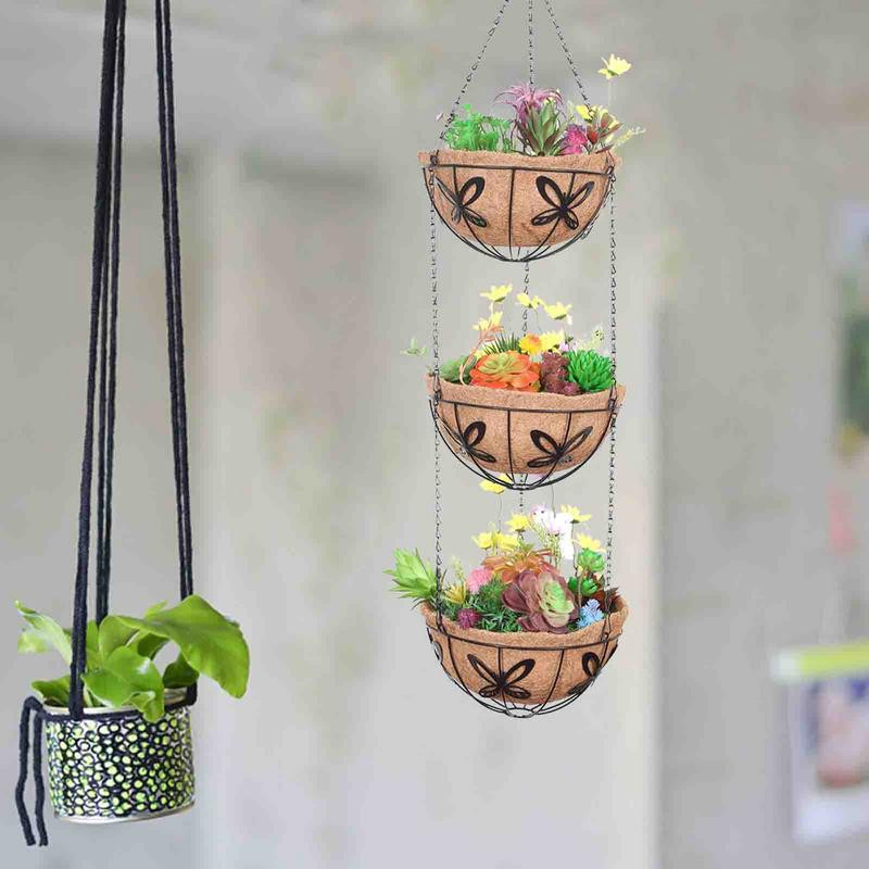 Jardinieră suspendată de grădină Coș de depozitare a plantelor din metal cu 3 niveluri Suport pentru ghivece de flori pentru interior, exterior, Umerașe pentru plante pentru decorarea casei de grădină
