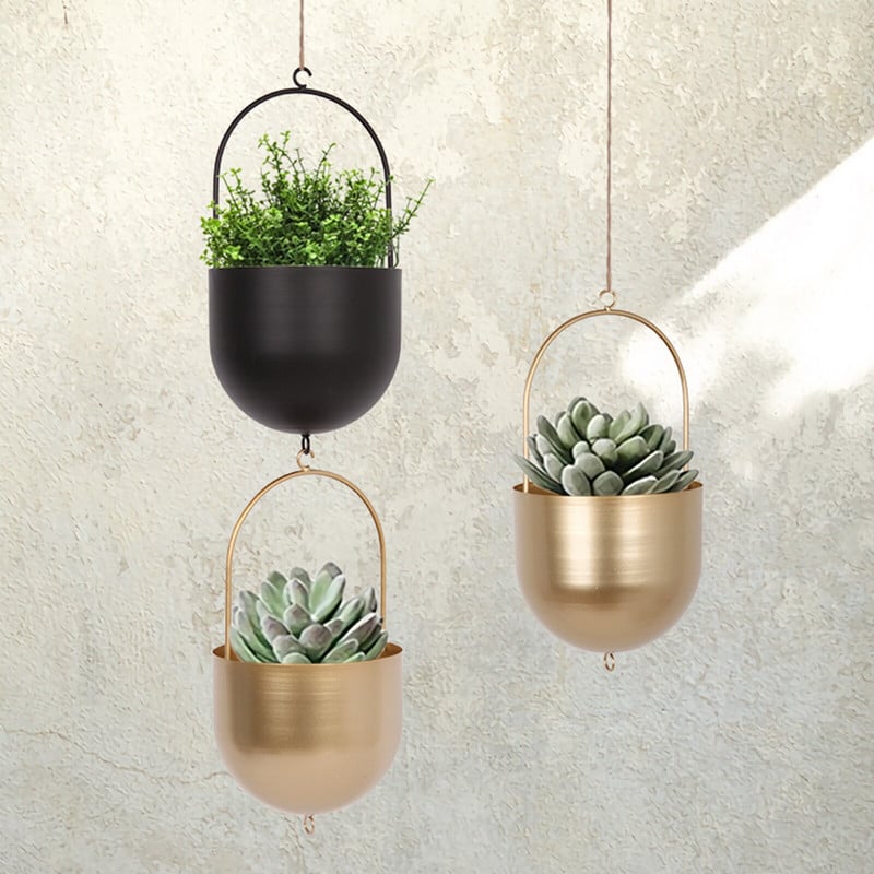 Modernus gėlių vazonas Paprastas pakabinamas vazono krepšelis Apvalus žalias sultingas kaltinis krapas, geležies apskritas balkono interjero dekoravimas
