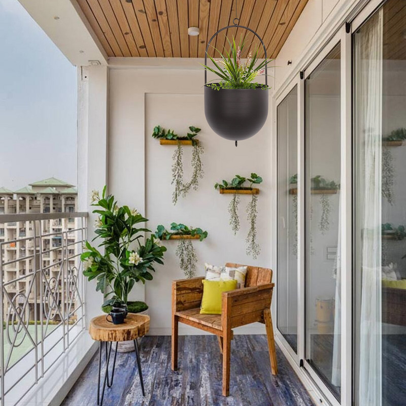 Modernus gėlių vazonas Paprastas pakabinamas vazono krepšelis Apvalus žalias sultingas kaltinis krapas, geležies apskritas balkono interjero dekoravimas