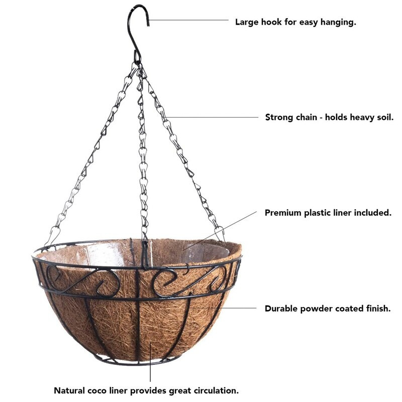 Vânzare fierbinte Coș de flori de jardinier suspendat din metal cu căptușeli din nucă de coco 10 inch sârmă rotundă în aer liber veranda balcon Decor de grădină, set de