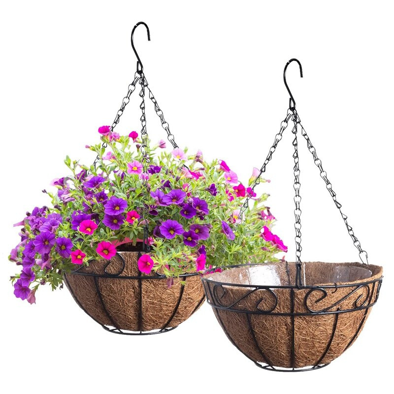 Vânzare fierbinte Coș de flori de jardinier suspendat din metal cu căptușeli din nucă de coco 10 inch sârmă rotundă în aer liber veranda balcon Decor de grădină, set de