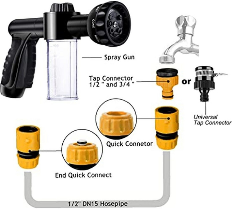 Sodo aukšto slėgio vandens pistoletas Automobilių ploviklis Nešiojamas putplasčio vandens pistoletas 8 funkcijos Gėlių laistymo laistymo vandens pistoleto žarnų rinkinys