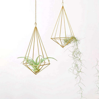 Нов висящ държач за въздушни растения Модерен геометричен плантатор с верига Tillandsia Контейнер Himmeli Стенен декор, злато