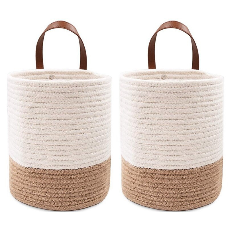 Pachet de 2 coșuri agățate de frânghie, coș de perete țesut, coșuri agățate pentru organizare, coș agățat, coș de raft țesut