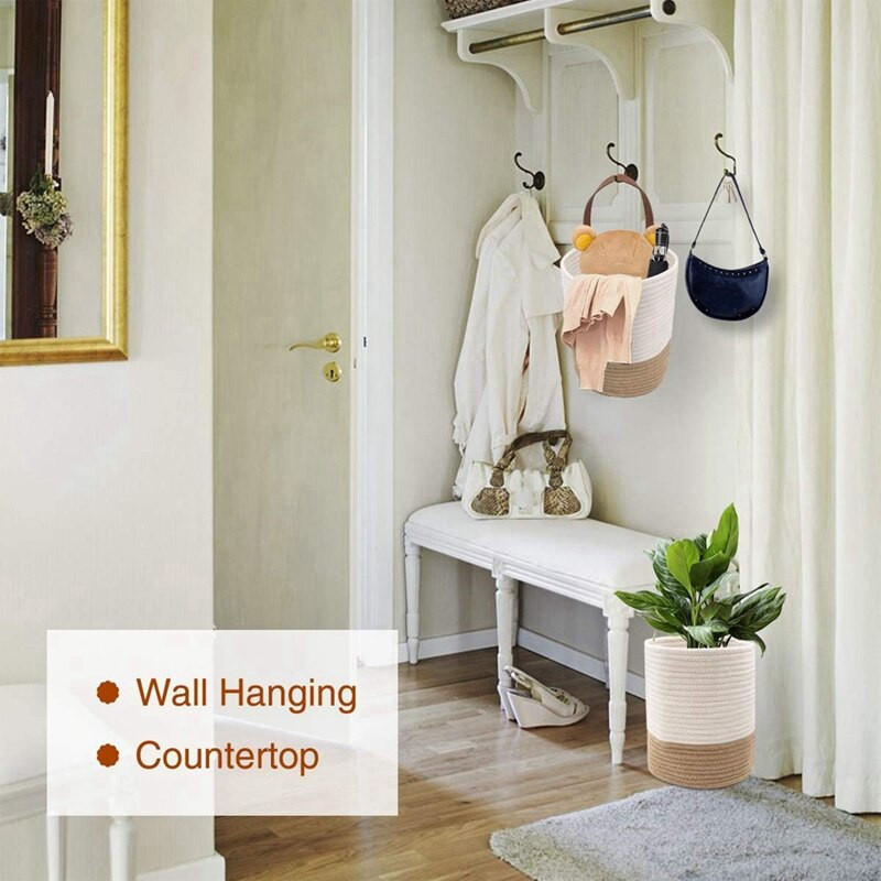 Pachet de 2 coșuri agățate de frânghie, coș de perete țesut, coșuri agățate pentru organizare, coș agățat, coș de raft țesut