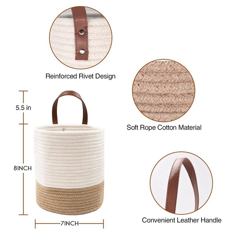 Pachet de 2 coșuri agățate de frânghie, coș de perete țesut, coșuri agățate pentru organizare, coș agățat, coș de raft țesut