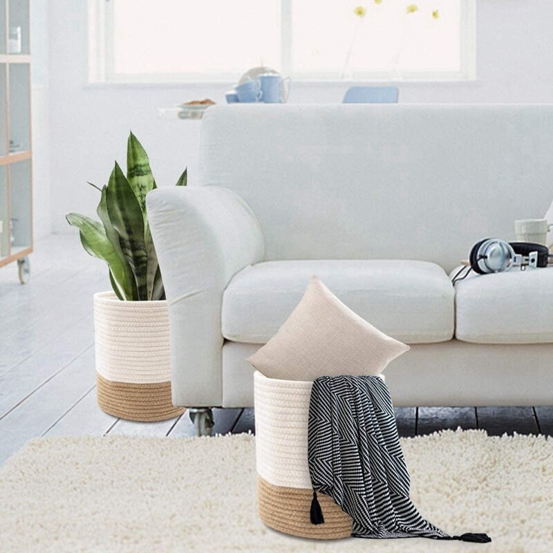 Pachet de 2 coșuri agățate de frânghie, coș de perete țesut, coșuri agățate pentru organizare, coș agățat, coș de raft țesut