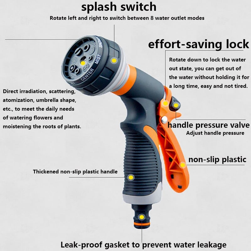 8 režimai Laistymo pistoletas Sodo purkštukas žarnos antgalis Reguliuojamas antgalis Vandens pistoletas vejos žarna Daugiafunkcis sodo aukšto slėgio purkštuvas