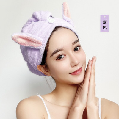Női hajtörlő sapka nyuszi fülek korall gyapjú szuper nedvszívó, gyorsan száradó fejtörölköző gombokkal fürdő hajszárító sapka