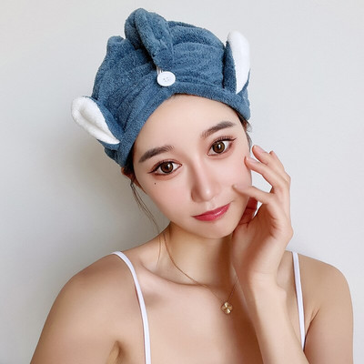 Női hajtörlő sapka nyuszi fülek korall gyapjú szuper nedvszívó, gyorsan száradó fejtörölköző gombokkal fürdő hajszárító sapka