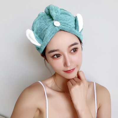 Női hajtörlő sapka nyuszi fülek korall gyapjú szuper nedvszívó, gyorsan száradó fejtörölköző gombokkal fürdő hajszárító sapka