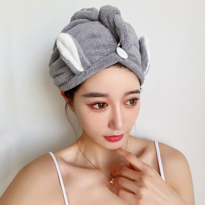 Női hajtörlő sapka nyuszi fülek korall gyapjú szuper nedvszívó, gyorsan száradó fejtörölköző gombokkal fürdő hajszárító sapka