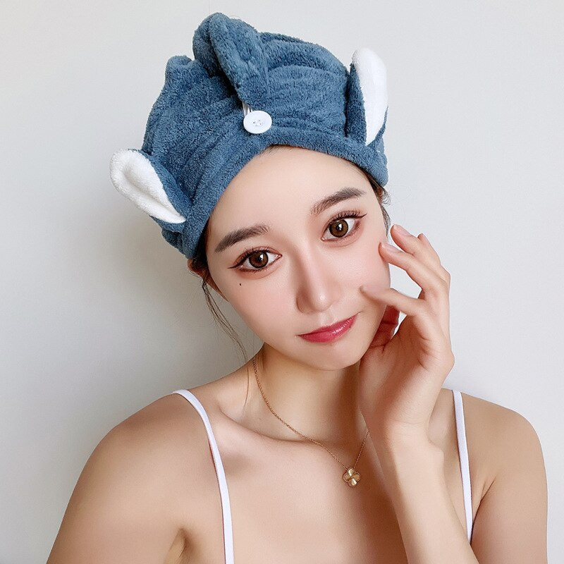 Női hajtörlő sapka nyuszi fülek korall gyapjú szuper nedvszívó, gyorsan száradó fejtörölköző gombokkal fürdő hajszárító sapka