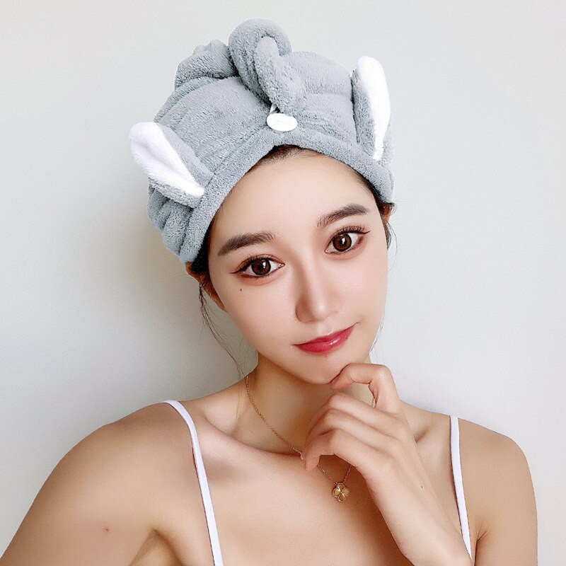 Női hajtörlő sapka nyuszi fülek korall gyapjú szuper nedvszívó, gyorsan száradó fejtörölköző gombokkal fürdő hajszárító sapka