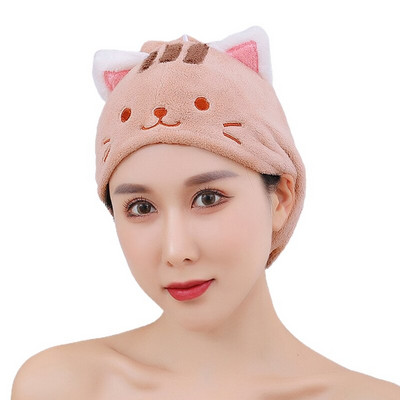 Femei Prosop de păr din catifea Coral Turban Wrap Căciulă de duș cu uscare rapidă cu nasturi Drăguț Pisică Microfibră Super Absorbantă Anti baie