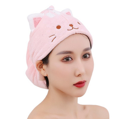 Femei Prosop de păr din catifea Coral Turban Wrap Căciulă de duș cu uscare rapidă cu nasturi Drăguț Pisică Microfibră Super Absorbantă Anti baie