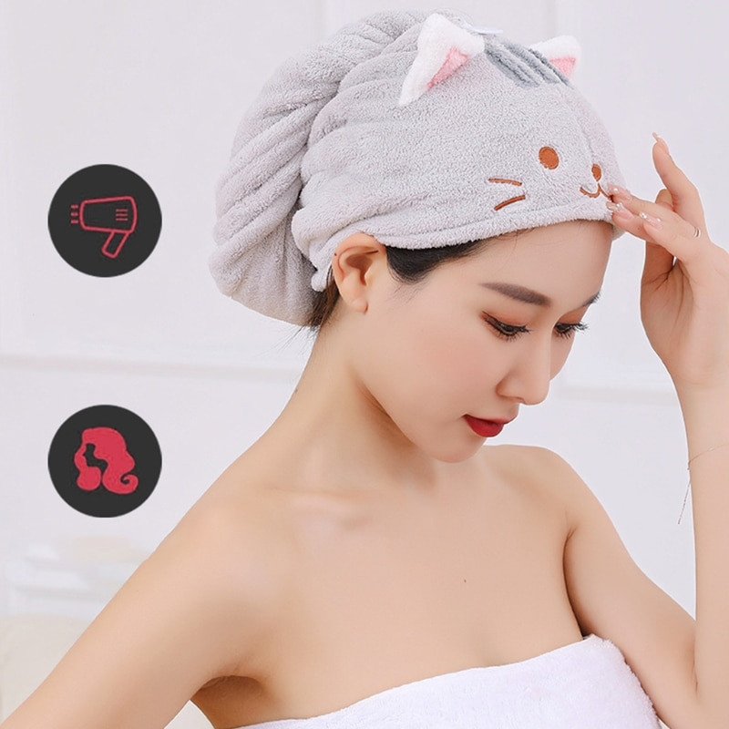Femei Prosop de păr din catifea Coral Turban Wrap Căciulă de duș cu uscare rapidă cu nasturi Drăguț Pisică Microfibră Super Absorbantă Anti baie