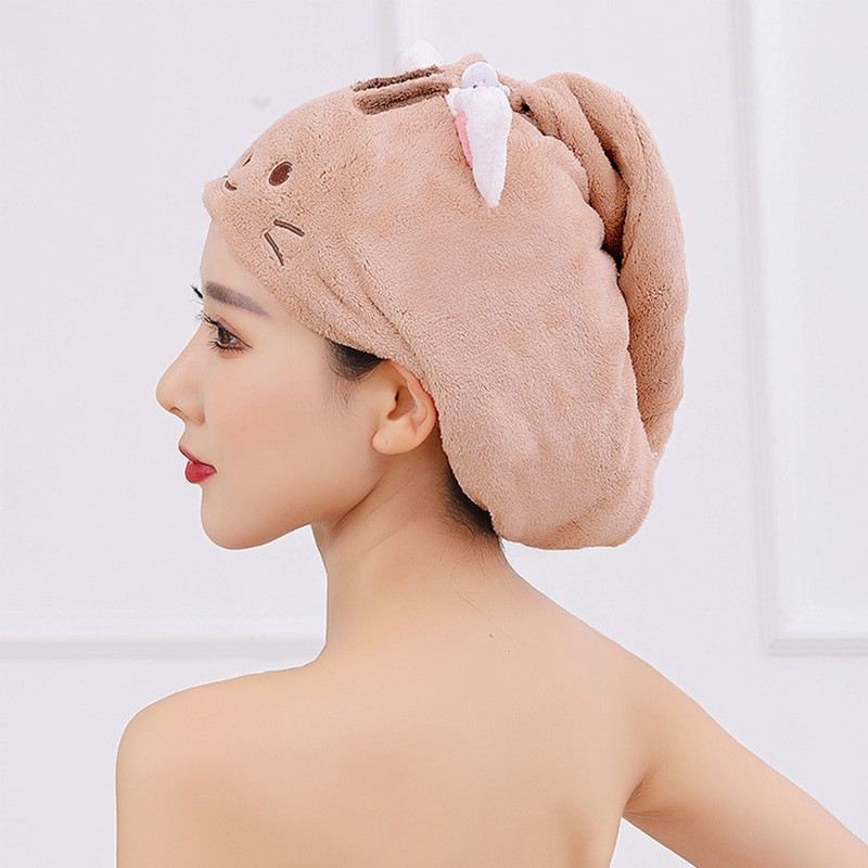 Femei Prosop de păr din catifea Coral Turban Wrap Căciulă de duș cu uscare rapidă cu nasturi Drăguț Pisică Microfibră Super Absorbantă Anti baie