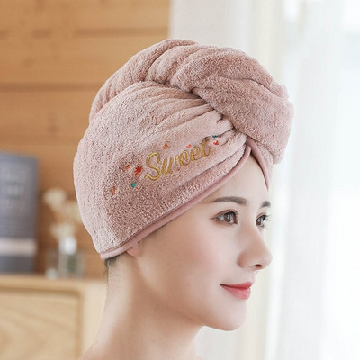 Hajszárító sapka korall gyapjú Absorb Water Quick Dry Turbán sűrített sampon sapka Hajtörlő édes hímzés nőknek