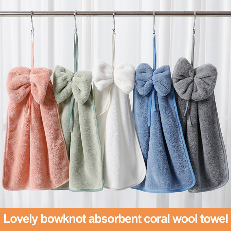 Bowknot Coral Prosop de mână din catifea pentru baie, bucătărie, microfibră, bucle moi de agățat, cârpe absorbante cu uscare rapidă, prosoape de casă.