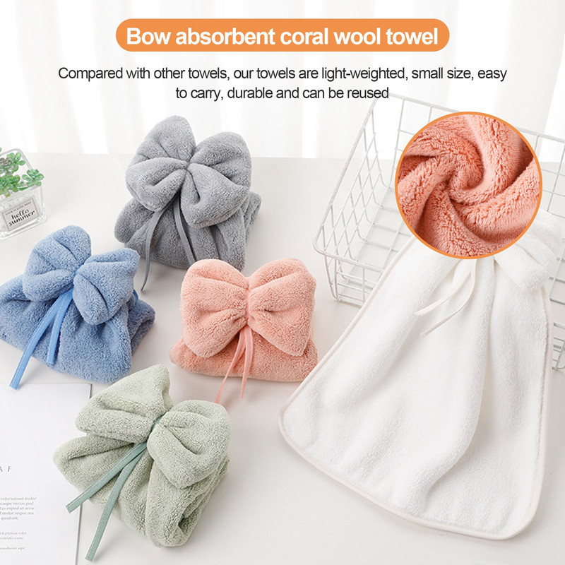 Bowknot Coral Prosop de mână din catifea pentru baie, bucătărie, microfibră, bucle moi de agățat, cârpe absorbante cu uscare rapidă, prosoape de casă.