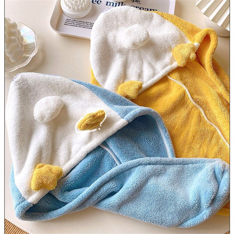 Aranyos kacsa rajzfilm zuhanysapka korall gyapjú haj turbán fürdőszobai sapka Hordozható női száraz mikroszálas gyorsan szárad becsomagolt törölközők