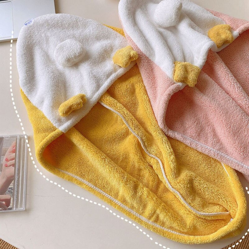 Aranyos kacsa rajzfilm zuhanysapka korall gyapjú haj turbán fürdőszobai sapka Hordozható női száraz mikroszálas gyorsan szárad becsomagolt törölközők