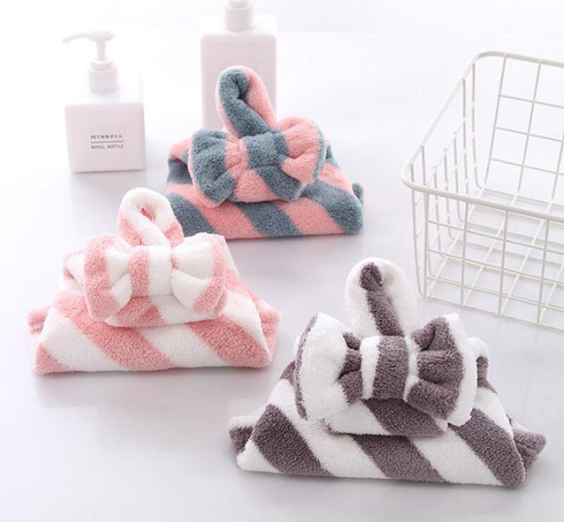 Dryžuotas Bowknot Coral Velvet Rankšluostis Super Minkštas Sugeriantis Kabantis Vonios Rankšluostė Valymo Šluostė Indų šluostė 30x30cm 1vnt.