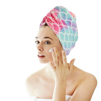 Микрофибърна кърпа за сушене на коса Супер абсорбираща суха опаковка за коса с бутон против къдрене Цветни рибени люспи Шапка за баня за жени