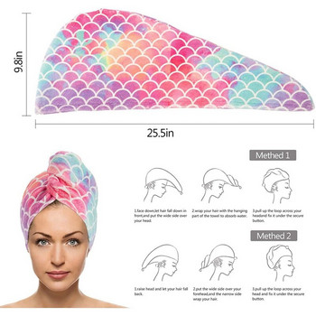 Микрофибърна кърпа за сушене на коса Супер абсорбираща суха опаковка за коса с бутон против къдрене Цветни рибени люспи Шапка за баня за жени