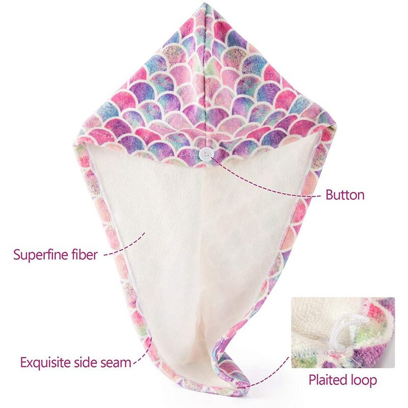 Mikropluošto plaukų džiovinimo rankšluostis, puikiai sugeriantis plaukų džiovinimo įvynioklis su mygtukais, apsaugantis nuo garbanos spalvingos žuvies svarstyklės vonios dušo kepuraitė moterims