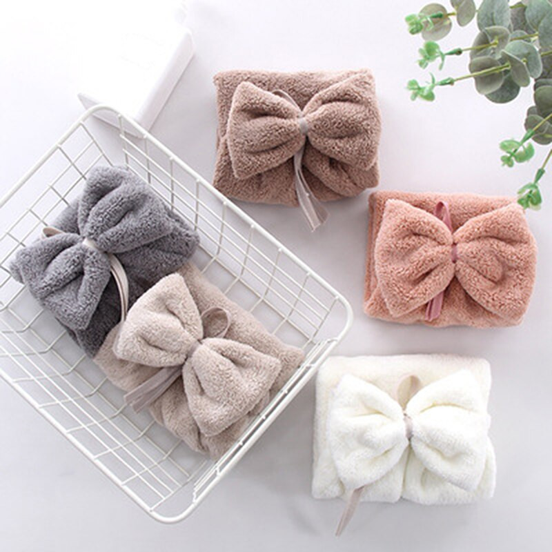 Aranyos Bowknot korall bársony kéztörlő puha törlőkendők akasztó nedvszívó kendő Konyhai eszközök Fürdőszoba kiegészítők 33*33cm