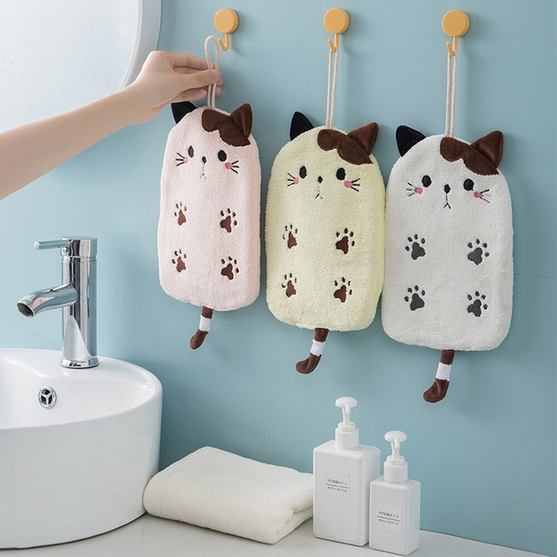 Macska hímzett törölköző szuper nedvszívó függő típusú kéztörlő korall bársony lakberendezési kettős célú fürdőszobai kellékek