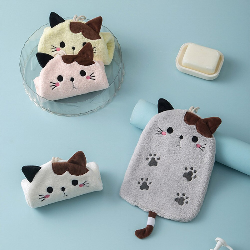 Macska hímzett törölköző szuper nedvszívó függő típusú kéztörlő korall bársony lakberendezési kettős célú fürdőszobai kellékek