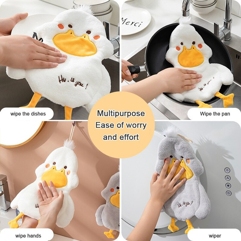 Nedvszívó függő típusú kacsa hímzett törölköző otthoni dekoráció, kettős célú korall bársony kéztörlő fürdőszobai kellékek rajzfilm