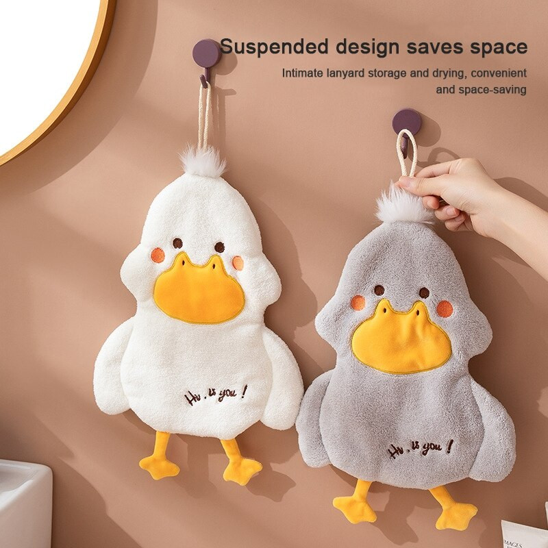 Nedvszívó függő típusú kacsa hímzett törölköző otthoni dekoráció, kettős célú korall bársony kéztörlő fürdőszobai kellékek rajzfilm