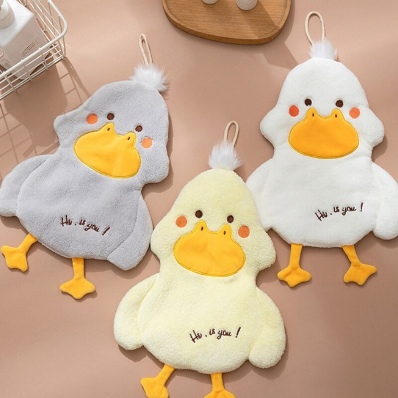 Nedvszívó függő típusú kacsa hímzett törölköző otthoni dekoráció, kettős célú korall bársony kéztörlő fürdőszobai kellékek rajzfilm