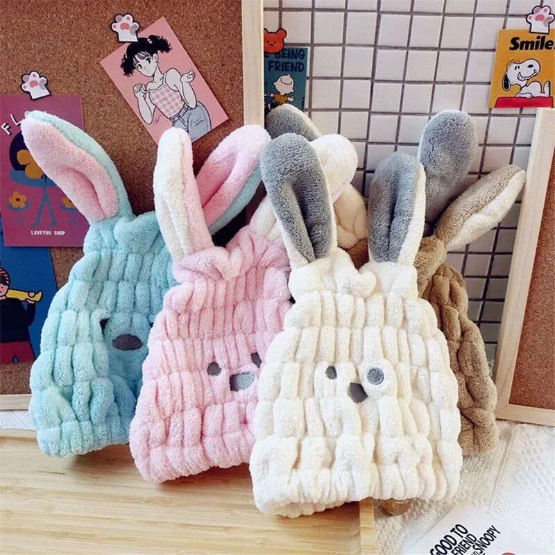 Rózsaszín kék zöld aranyos rajzfilm nyúl mikroszálas hajtörlő pakolás nőknek gyorsan száradó haj turbán vastag fürdősapka női lányoknak