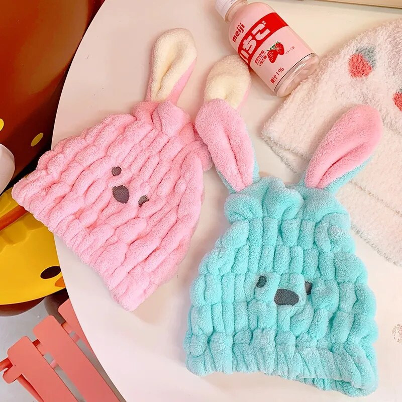 Rózsaszín kék zöld aranyos rajzfilm nyúl mikroszálas hajtörlő pakolás nőknek gyorsan száradó haj turbán vastag fürdősapka női lányoknak