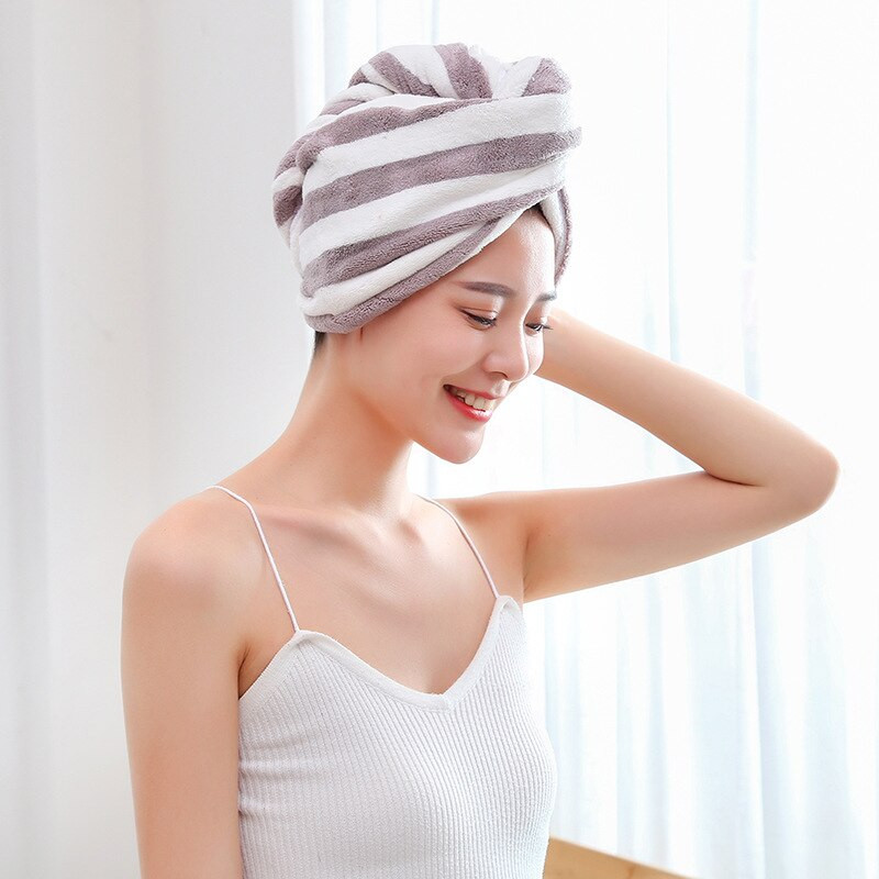 Prosop de păr cu dungi din microfibră, puternic absorbant de apă, șapcă de păr cu uscare rapidă, pălărie de baie, pentru doamne, femei, fete