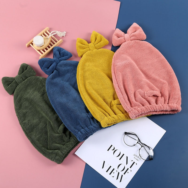 1 buc șapcă de păr uscat, absorbantă puternică, cu lână de coral, turbane pentru femei, cu fundă, de culoare pură, șapcă de păr moale, articole de baie