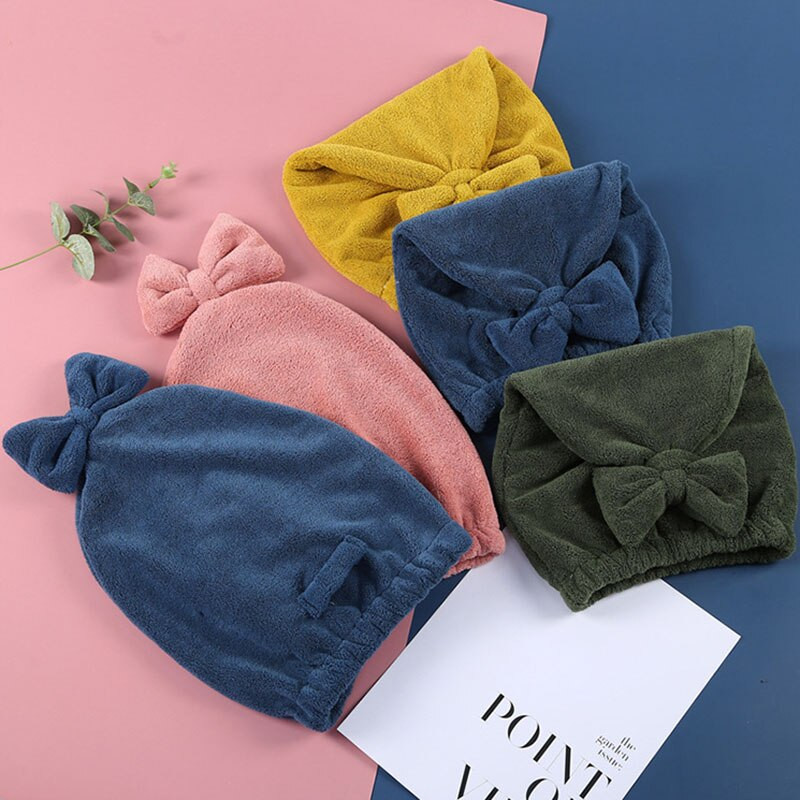 1 buc șapcă de păr uscat, absorbantă puternică, cu lână de coral, turbane pentru femei, cu fundă, de culoare pură, șapcă de păr moale, articole de baie