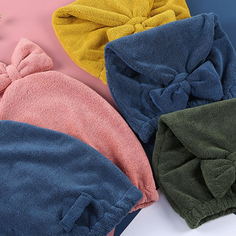 1 buc șapcă de păr uscat, absorbantă puternică, cu lână de coral, turbane pentru femei, cu fundă, de culoare pură, șapcă de păr moale, articole de baie