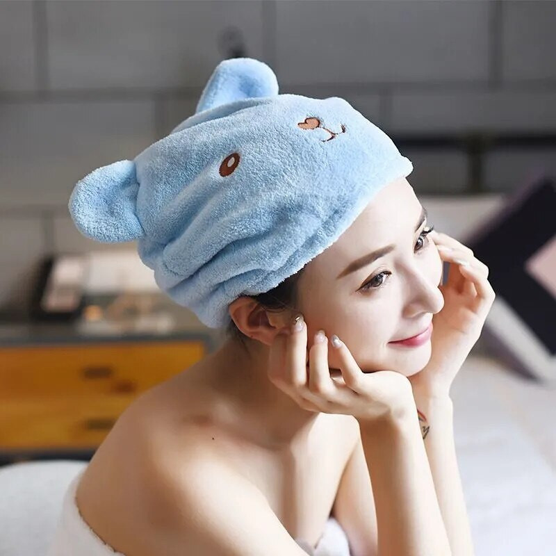 Capac de păr cu urs drăguț, roz moale, albastru, microfibră îngroșată, prosoape miraculoase cu uscare rapidă, absorbție, baie, saună, spa, turban de păr femei