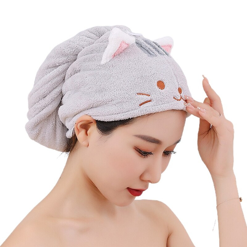 Nauja „Coral Velvet“ plaukų rankšluostis „Turban Wrap Quick Dry“ dušo kepurė su mygtuku Cute Cat mikropluošto super sugerianti vonia