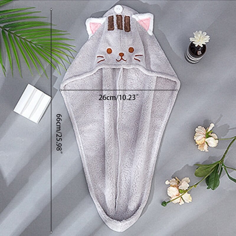 Nauja „Coral Velvet“ plaukų rankšluostis „Turban Wrap Quick Dry“ dušo kepurė su mygtuku Cute Cat mikropluošto super sugerianti vonia
