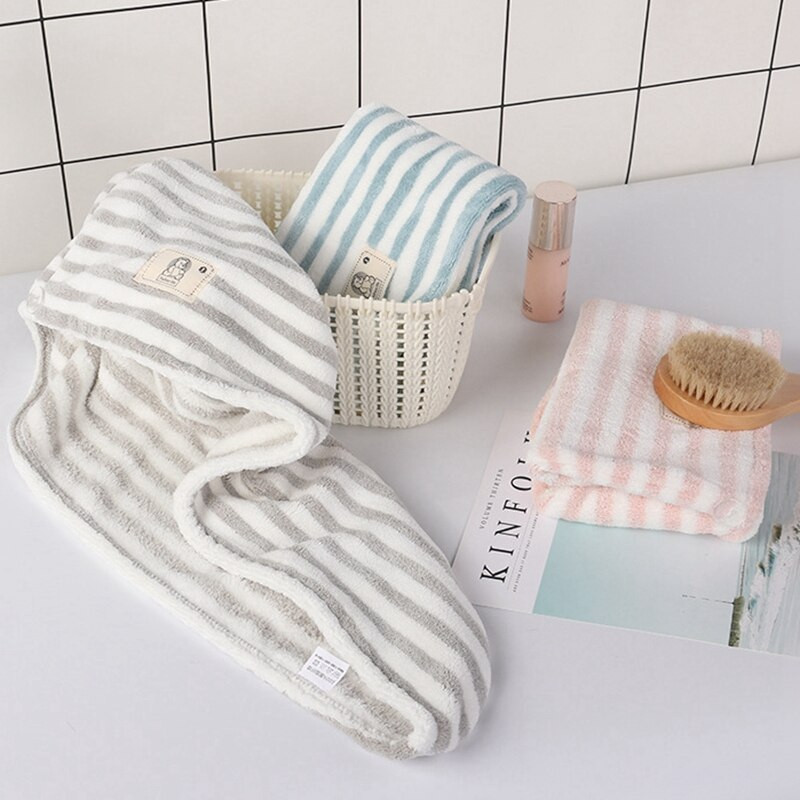 Női sapka törölköző mikroszálas geometrikus csíkos szárító haj nedvszívó, gyorsan száradó fürdőszobai felnőtt zuhany sapka becsomagolt törölköző 25x65cm